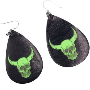 Glow in  Dark Horned Skull Vegan Leather Earrings